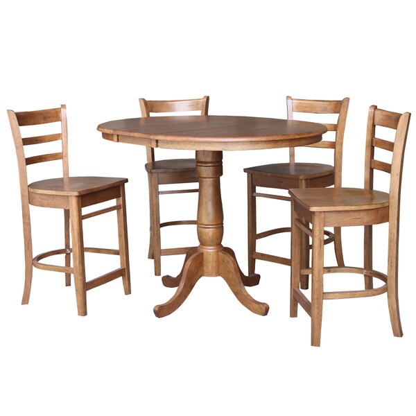International Concepts Round 36 in Round Extension Dining Table with 4 Stools, Distressed Oak, 36 in W, 48 in L, 35.3 in H K42-36RXT-6B-S6172-4 - main